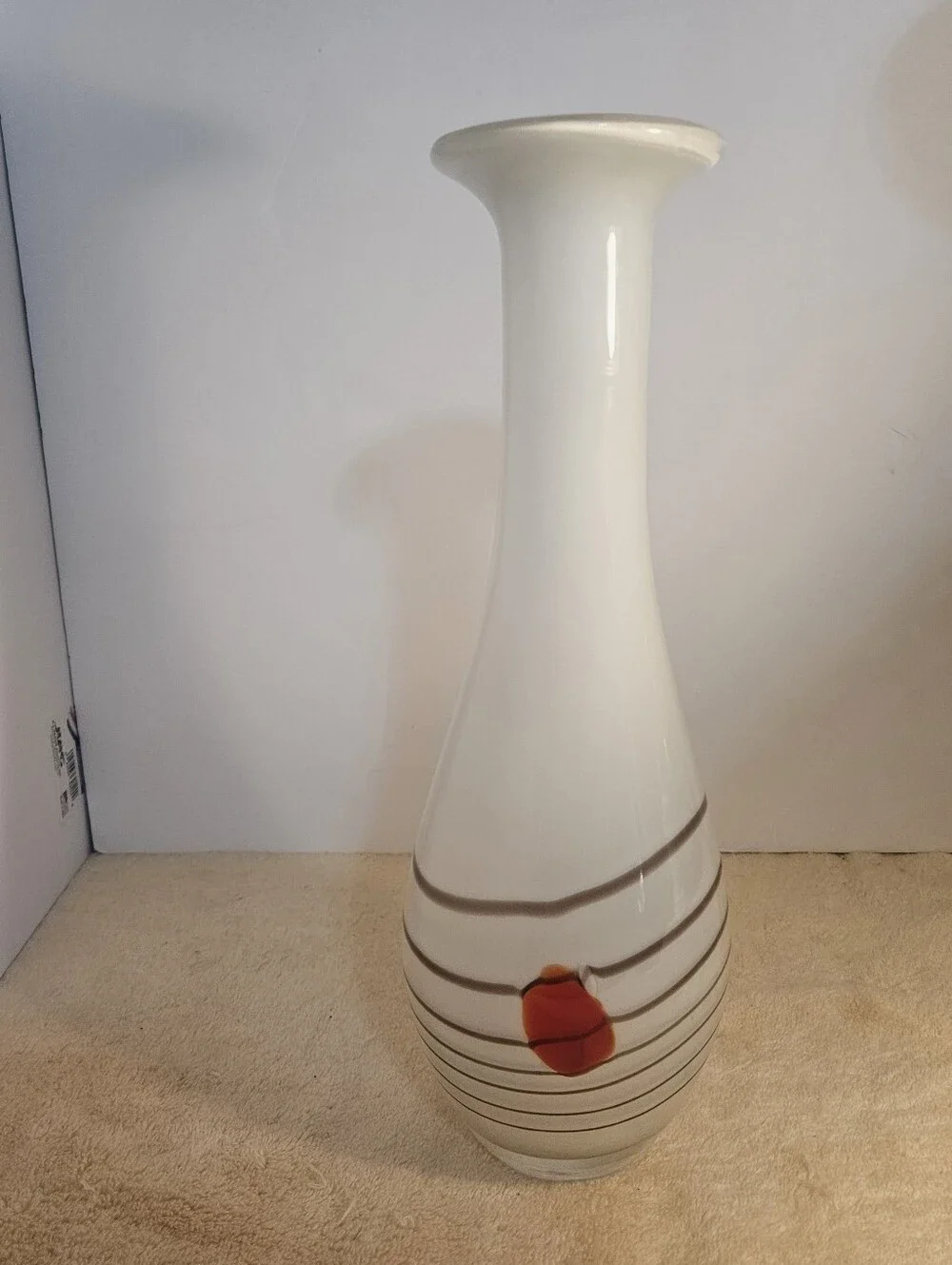 Tall 14” Vintage MCM Murano Style White Cased Glass Vase Striped Red Accent